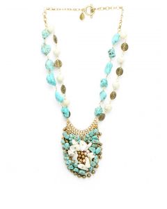 Ivory Tag Women Mesh Cluster Turquoise Blue and Cream Necklace