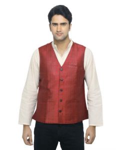 Fabindia Men Red Silk Sleeveless Waistcoat