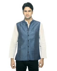 Fabindia Men Striped Blue Silk Sleeveless Jacket