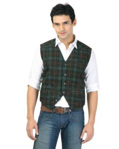 Basics Men Brown Checked Waistcoat