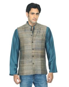 Fabindia Men Brown Silk Sleeveless Jacket