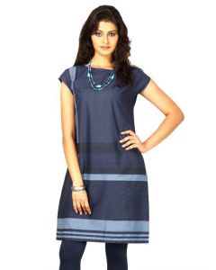 W Women U Neck Short Sleeve Blue Kurta