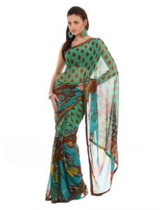 FNF Green Printed Evening Wear Sari