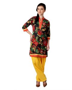 Shree Women Black and Yellow Printed Patiala Kurta Set