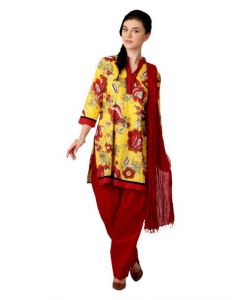 Shree Women Yellow & Red Printed Salwar Suit with Dupatta